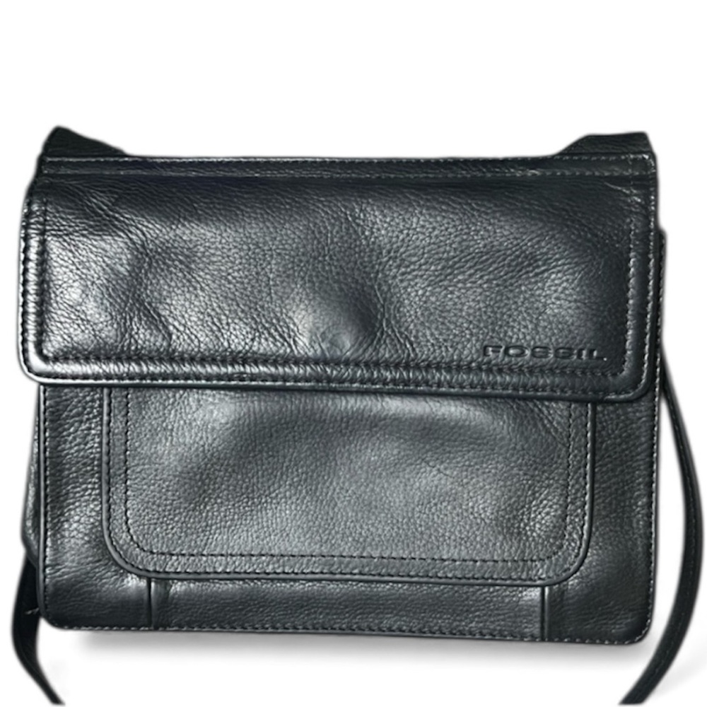 Fossil Vintage Black Pebbled Leather Organizer Crossbody Bag